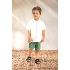 2pc Off White Gauze Button up w Sage Green Shorts