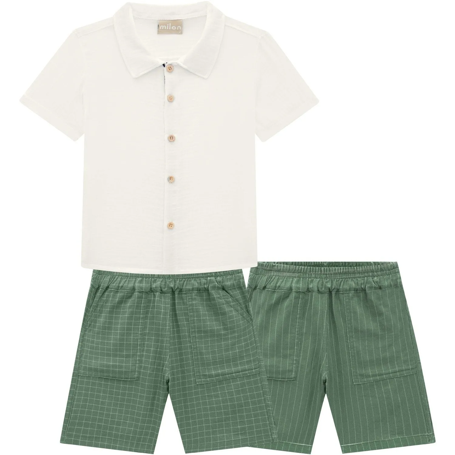 2pc Off White Gauze Button up w Sage Green Shorts