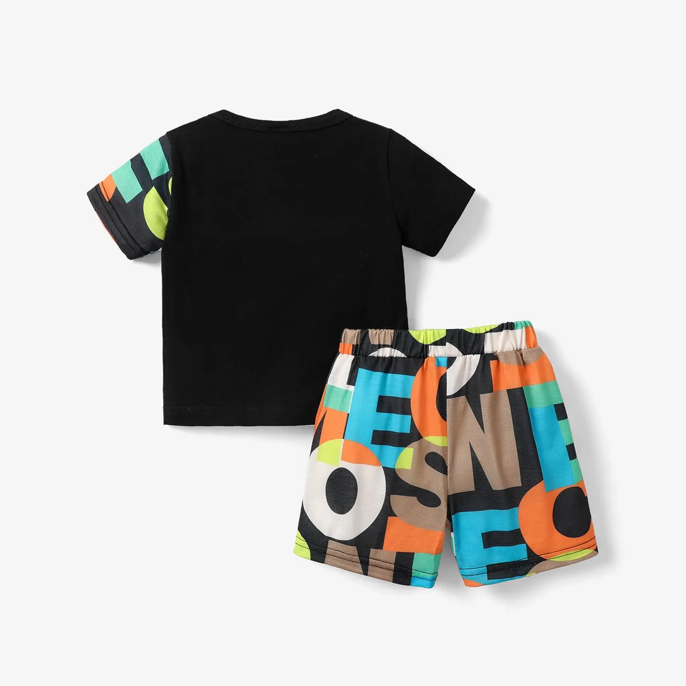 2pcs Baby Boy 95% Cotton Short-sleeve Letter Print Black Splicing T-shirt and Shorts Set