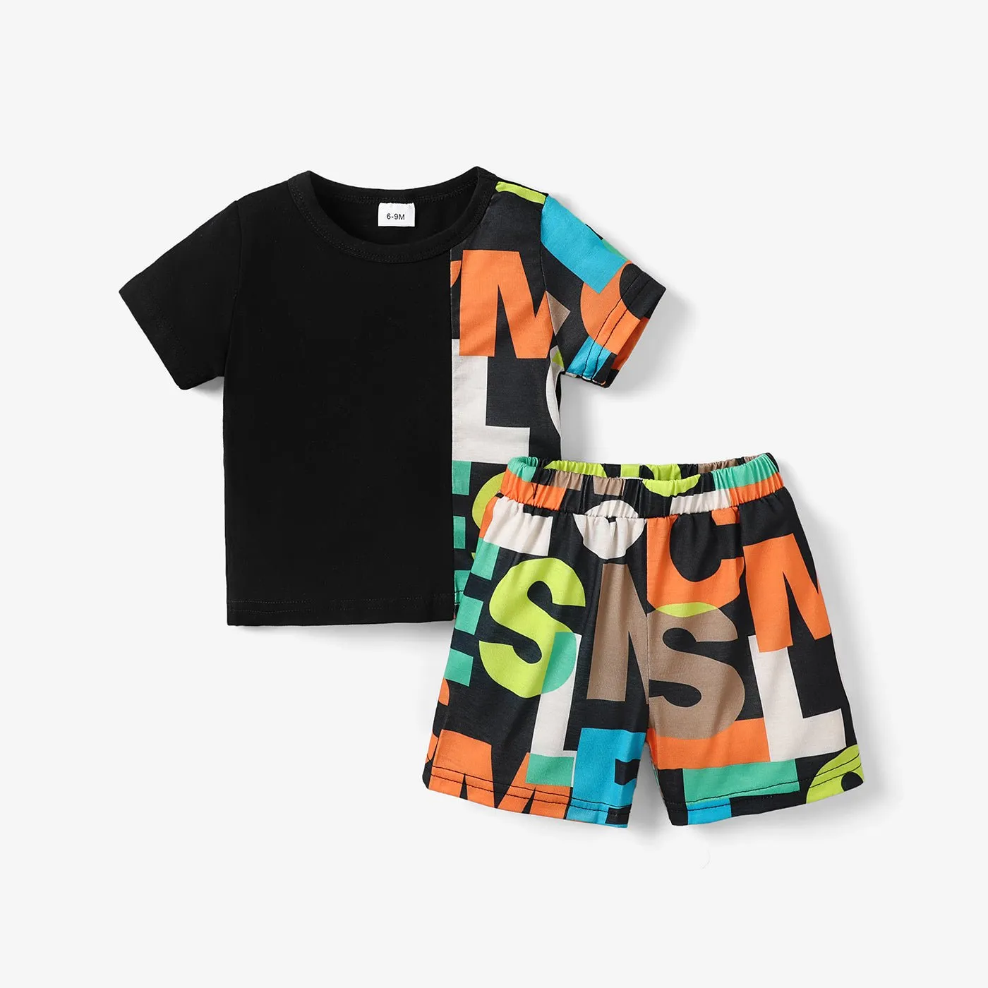 2pcs Baby Boy 95% Cotton Short-sleeve Letter Print Black Splicing T-shirt and Shorts Set