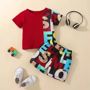 2pcs Baby Boy 95% Cotton Short-sleeve Letter Print Black Splicing T-shirt and Shorts Set