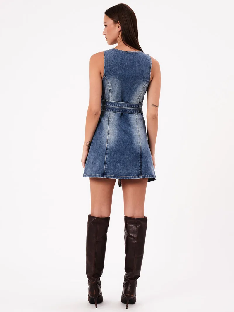 Abrand - City Wrap Dress in Dalia in Mid Vintage Indigo