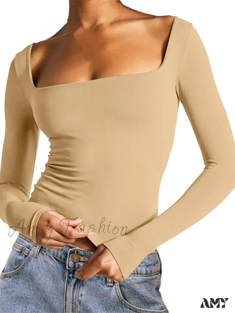 Amy Fashion - Spring Fall Slim Cropped Solid Color Long Sleeve Square Neck T-shirts