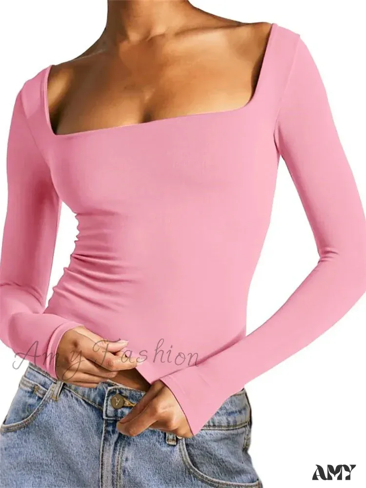 Amy Fashion - Spring Fall Slim Cropped Solid Color Long Sleeve Square Neck T-shirts