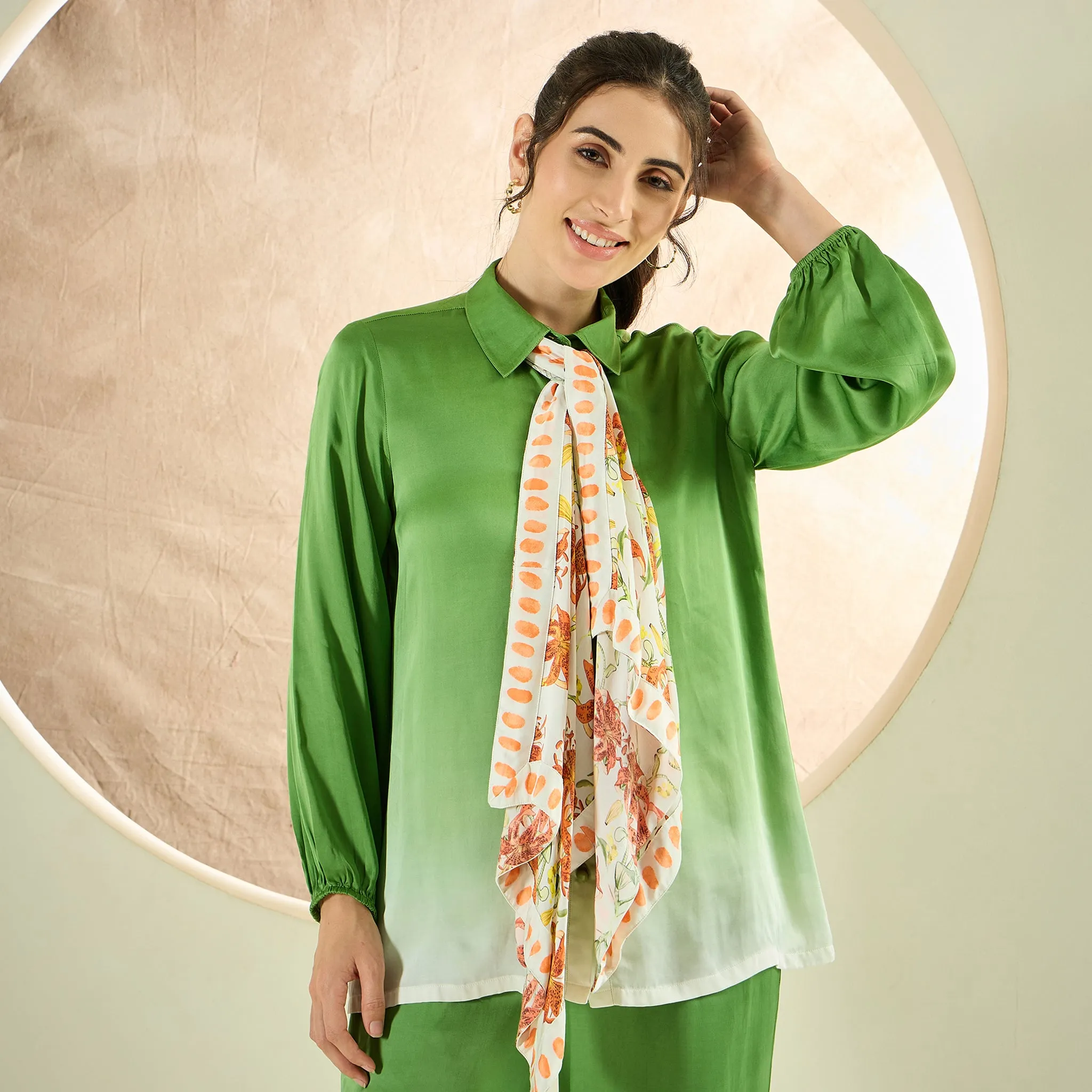 Avocado Green Ombre Satin Shirt and Pants Co-ord Set