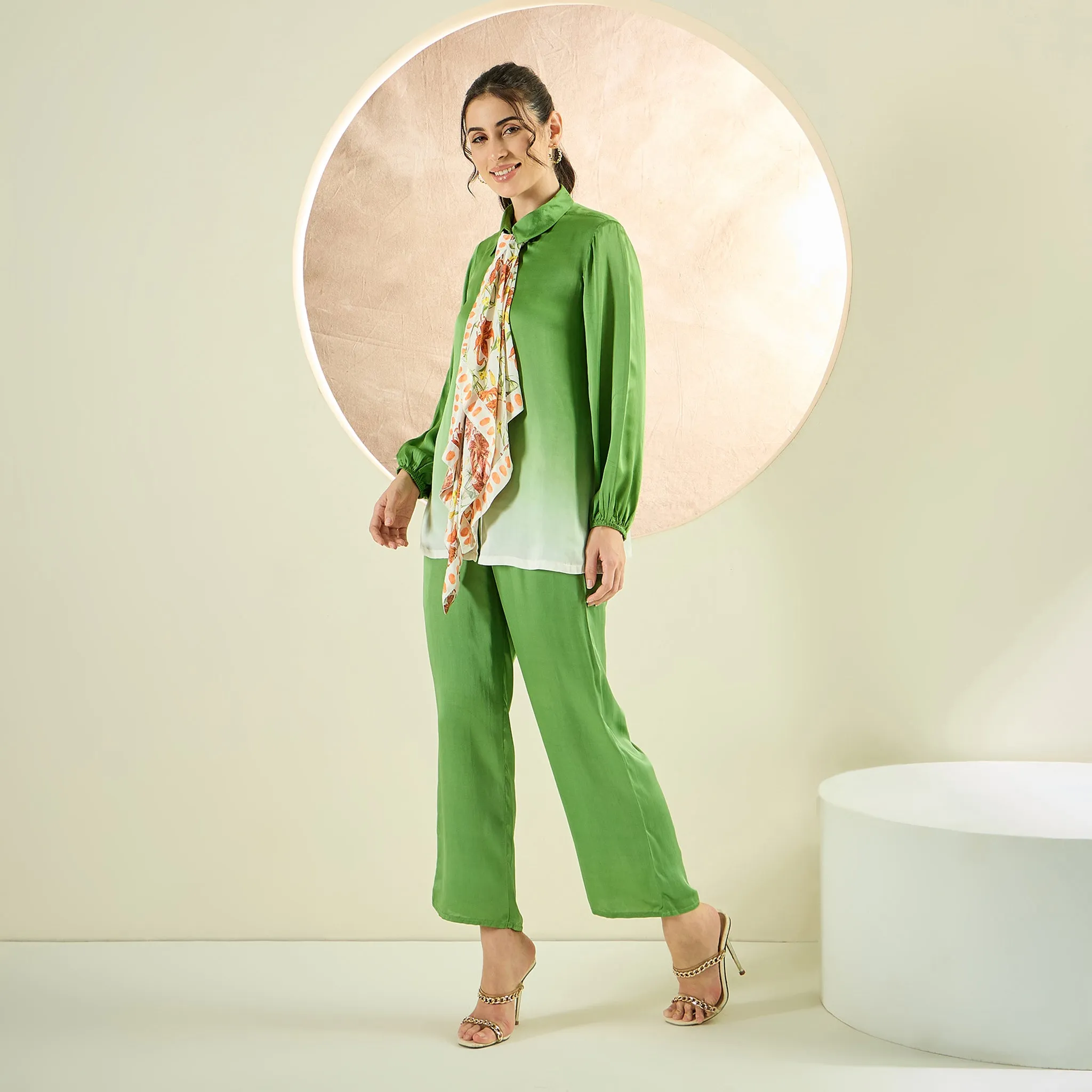 Avocado Green Ombre Satin Shirt and Pants Co-ord Set