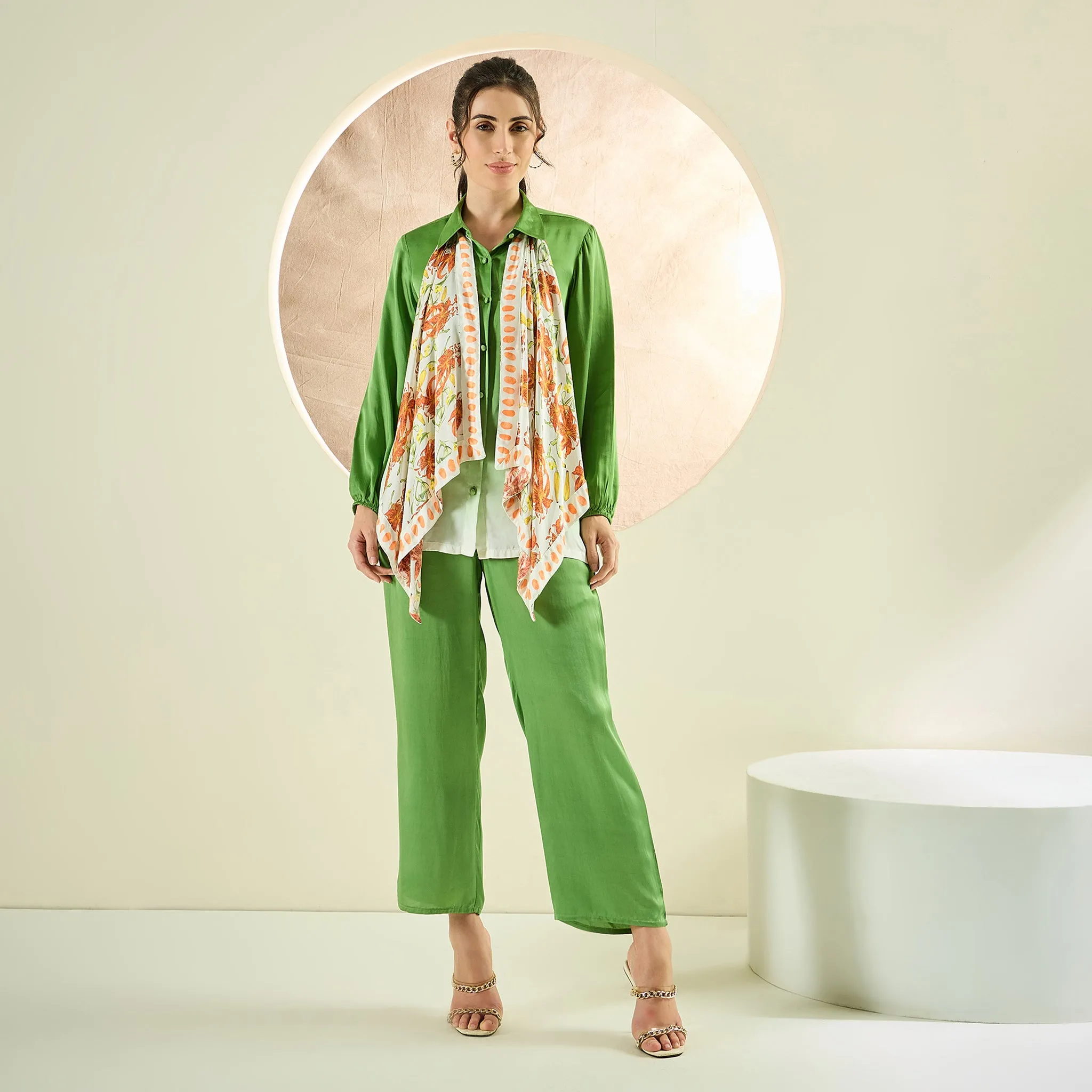 Avocado Green Ombre Satin Shirt and Pants Co-ord Set