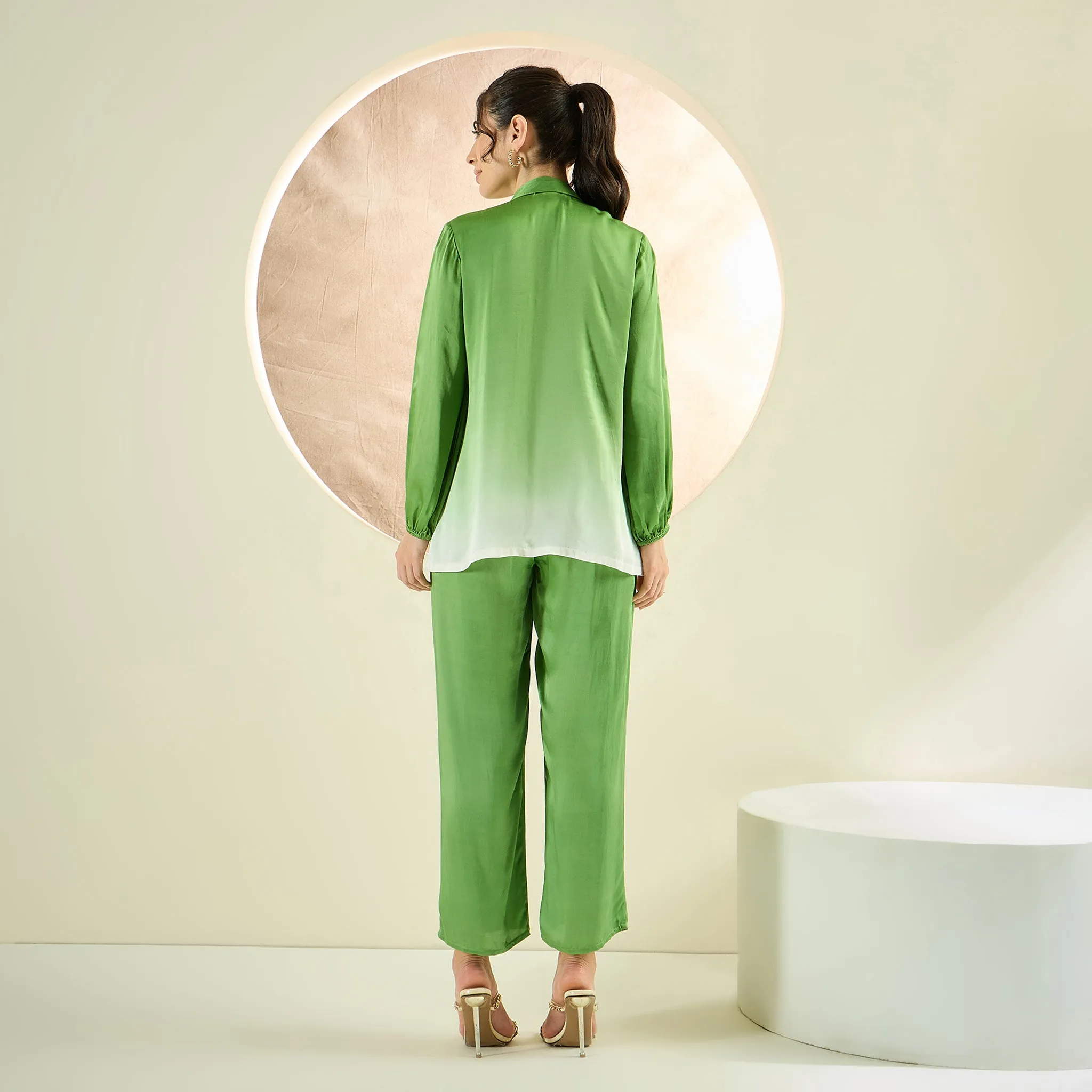 Avocado Green Ombre Satin Shirt and Pants Co-ord Set