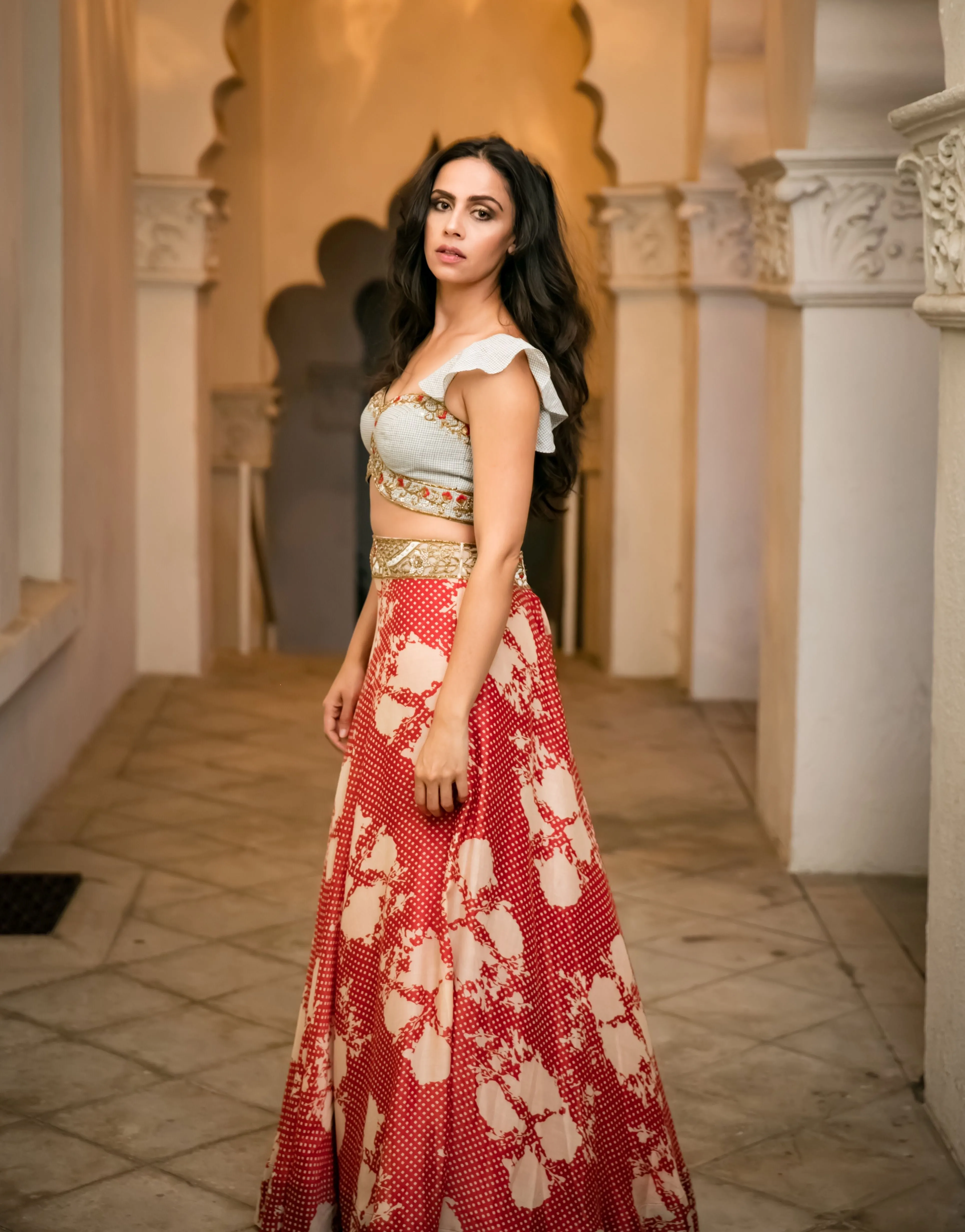 Black & White Checkered Blouse N Cherry Red Floral Polka Dot Lehenga