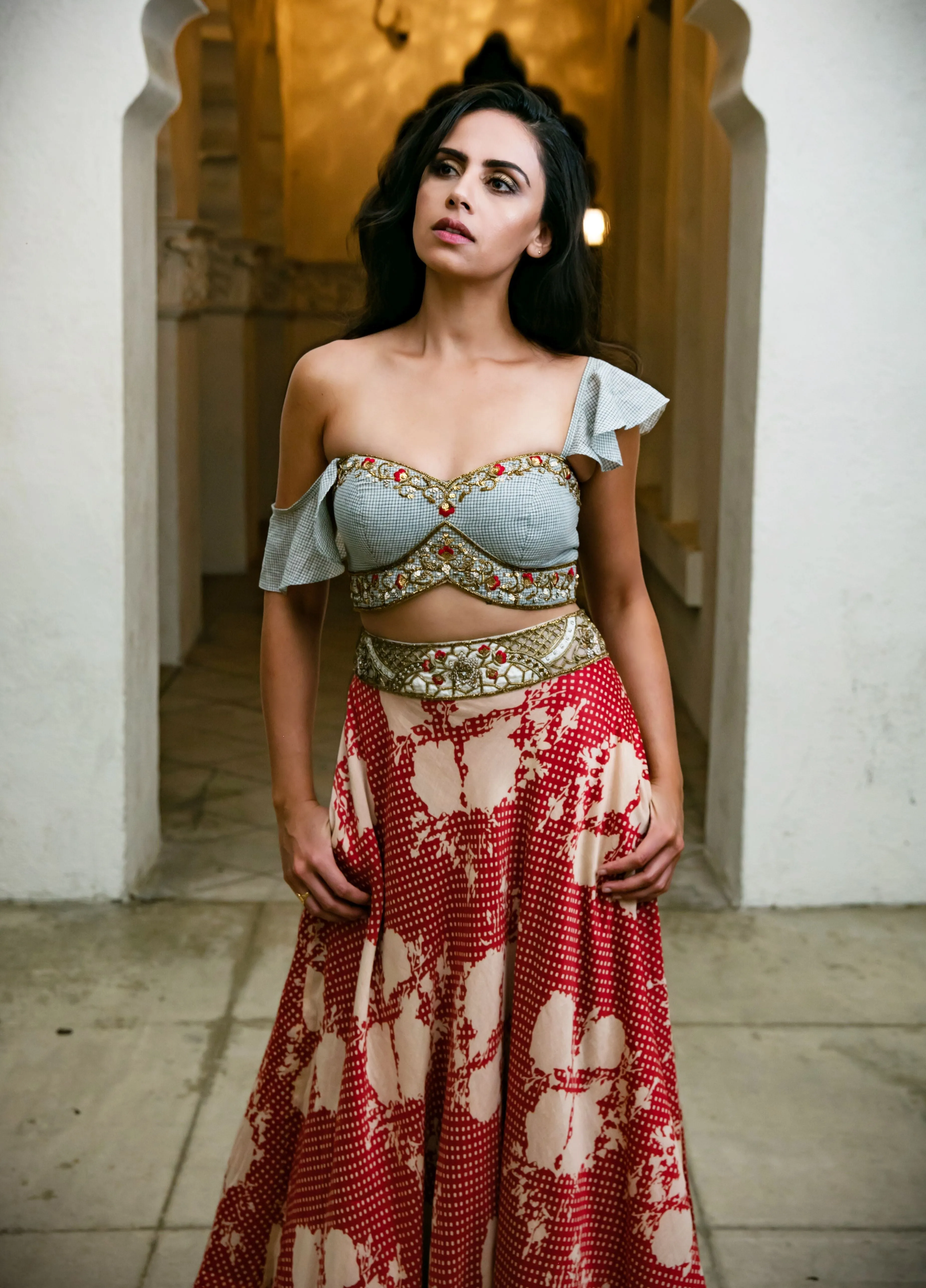 Black & White Checkered Blouse N Cherry Red Floral Polka Dot Lehenga