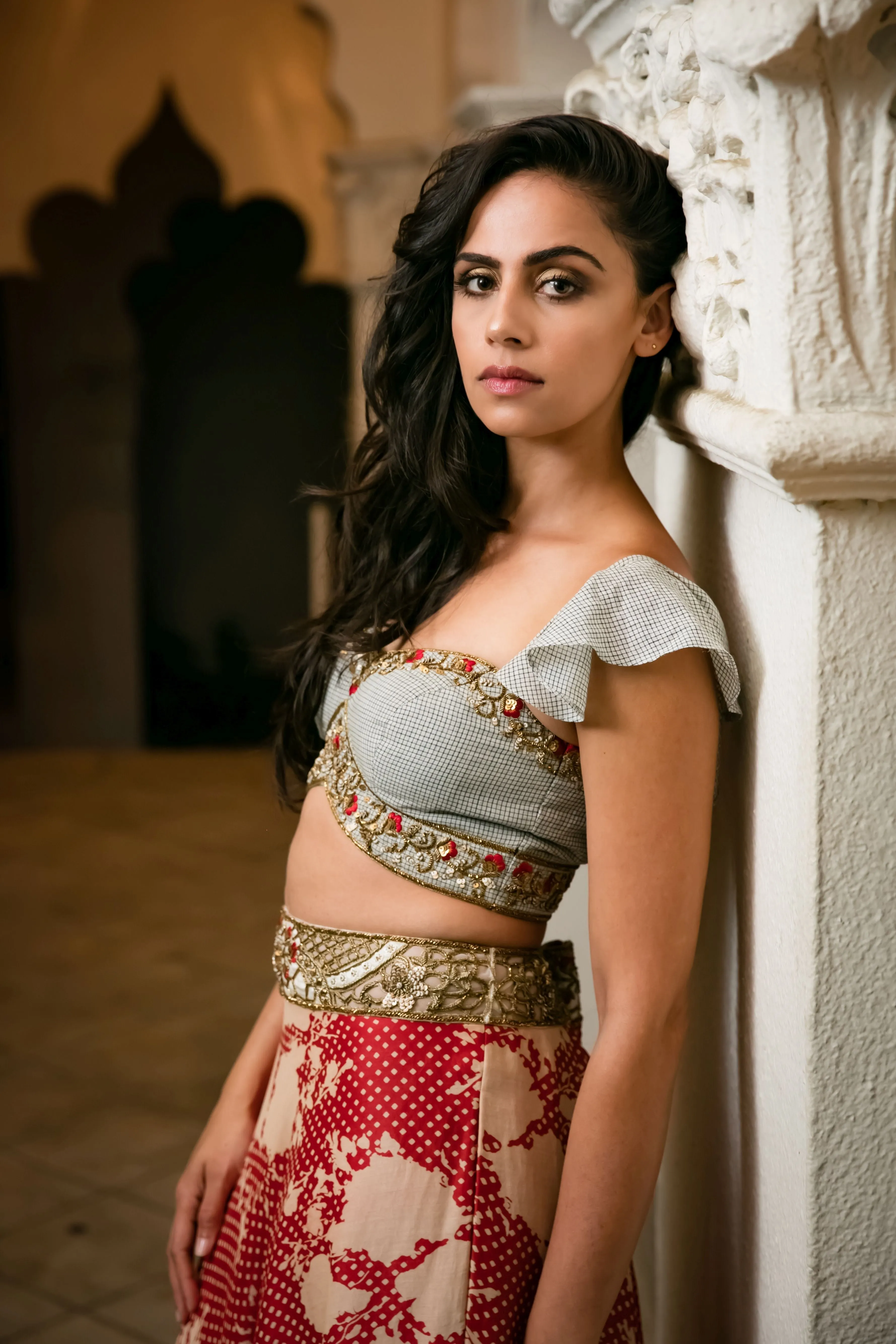 Black & White Checkered Blouse N Cherry Red Floral Polka Dot Lehenga