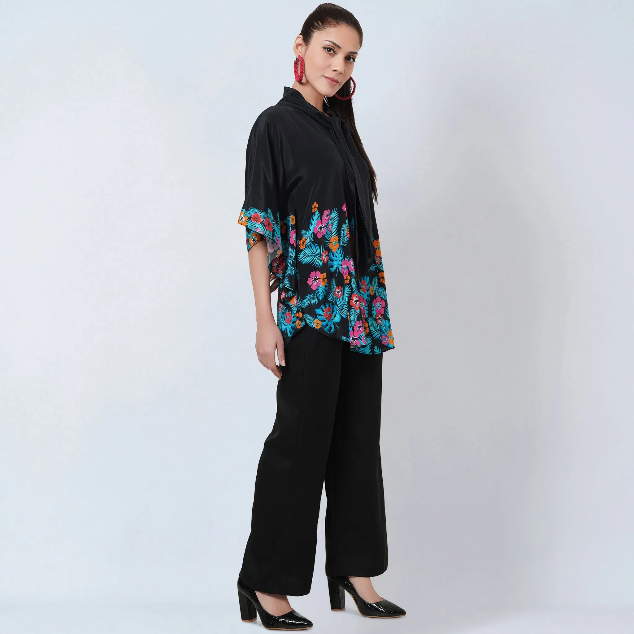 Black and Orange Floral Bow-Tie Top