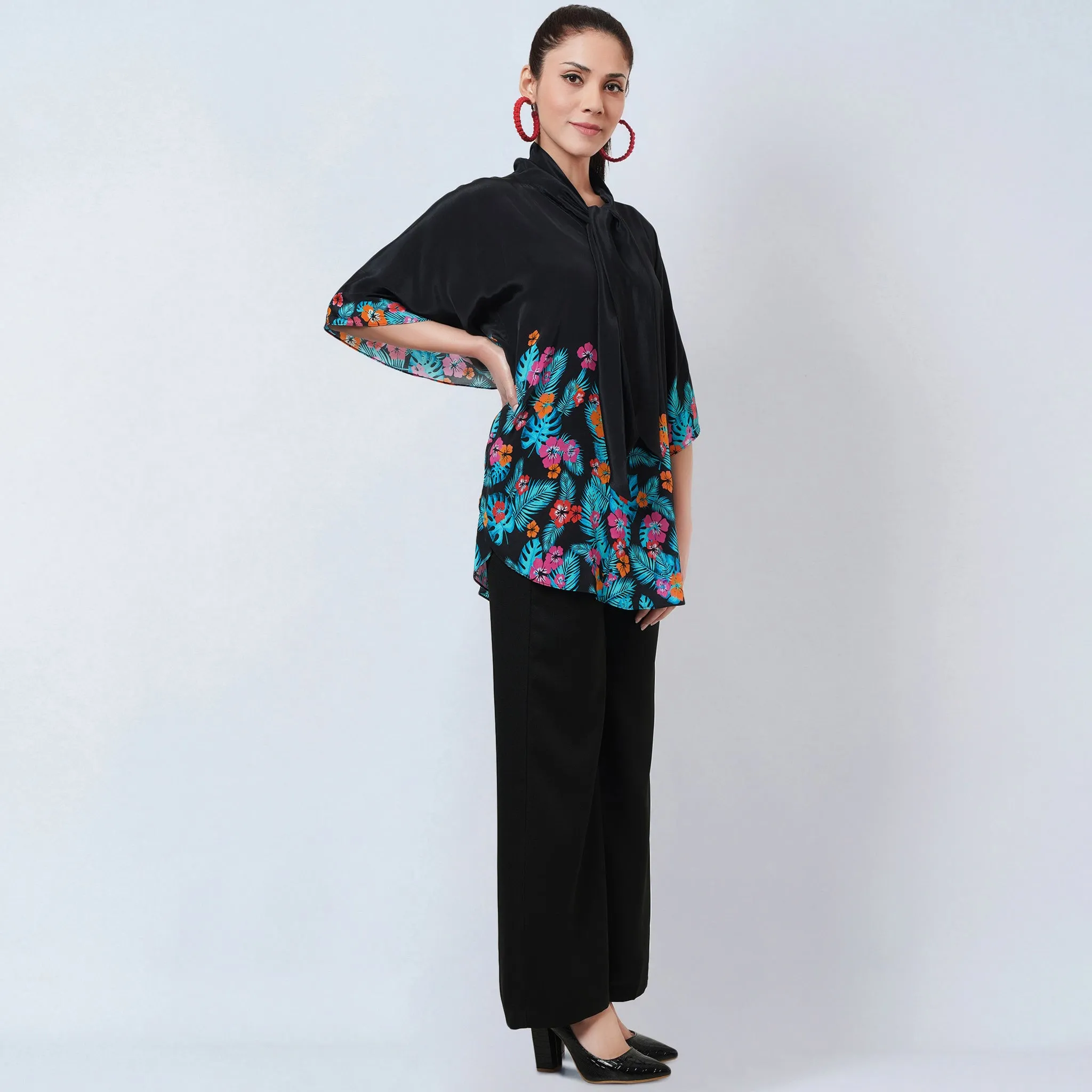 Black and Orange Floral Bow-Tie Top