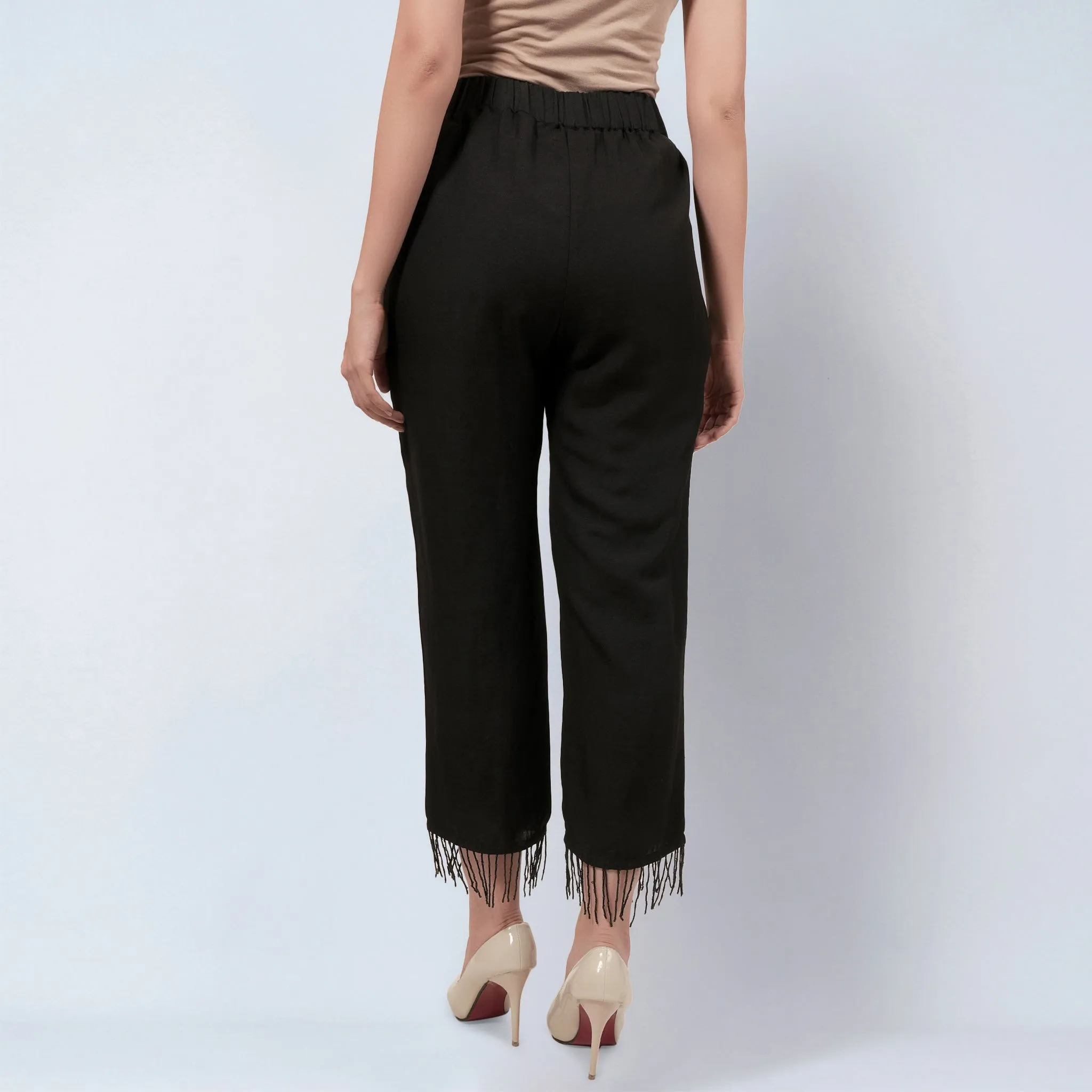 Black Linen Pants with Bead Lace