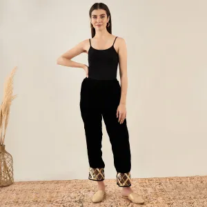 Black Silk Velvet Straight Pants with Gota Lace Detail