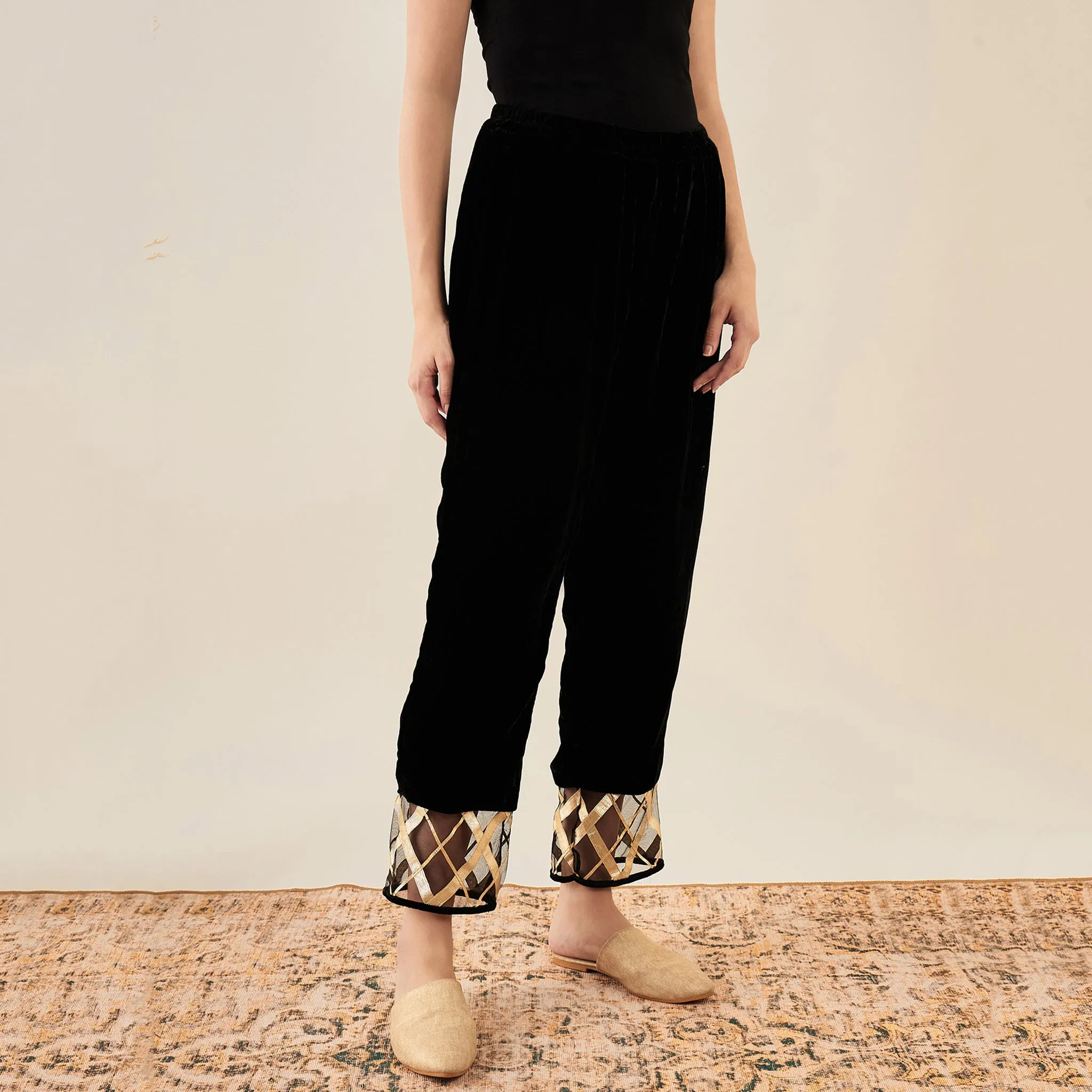 Black Silk Velvet Straight Pants with Gota Lace Detail