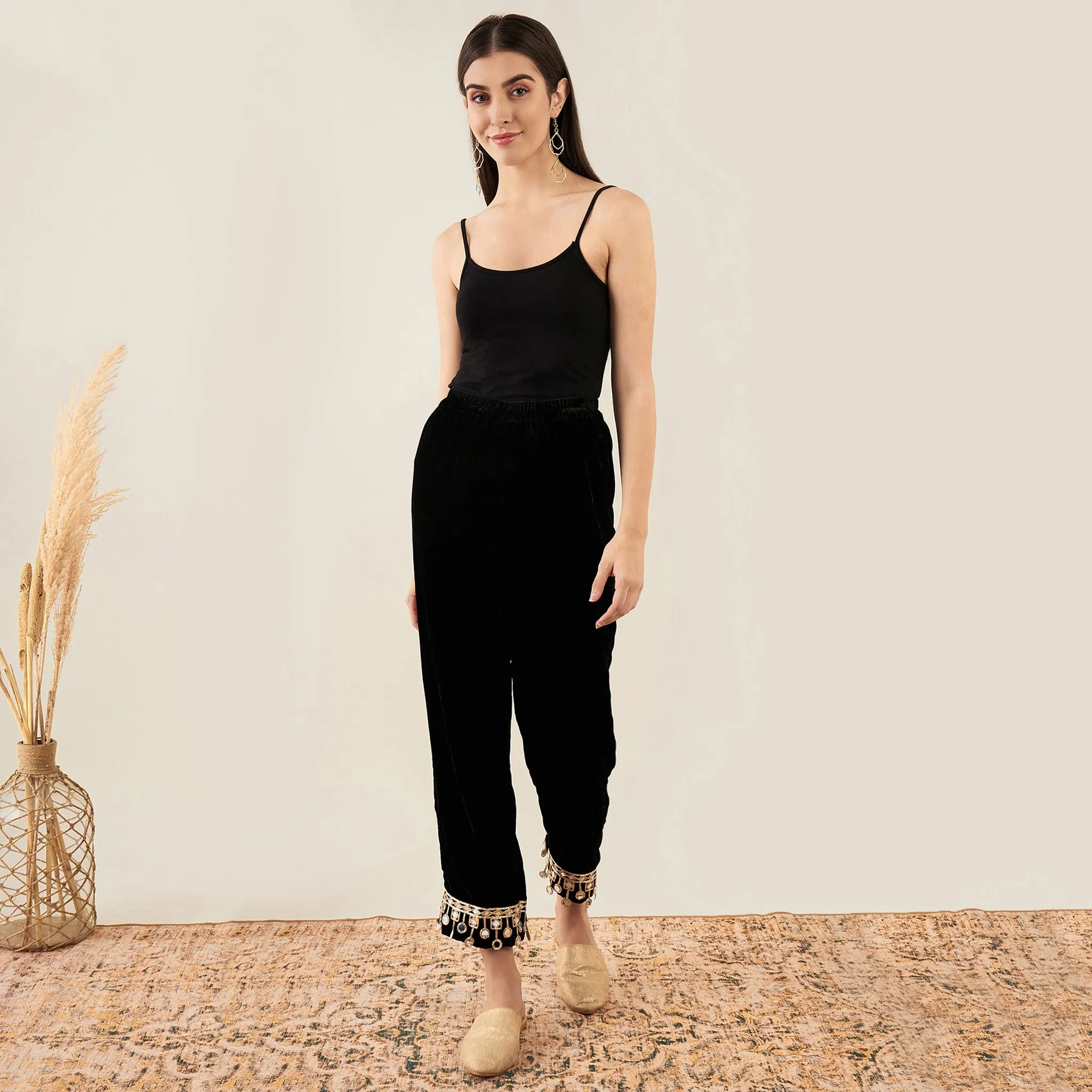 Black Silk Velvet Straight Pants with Gota Lace Detail