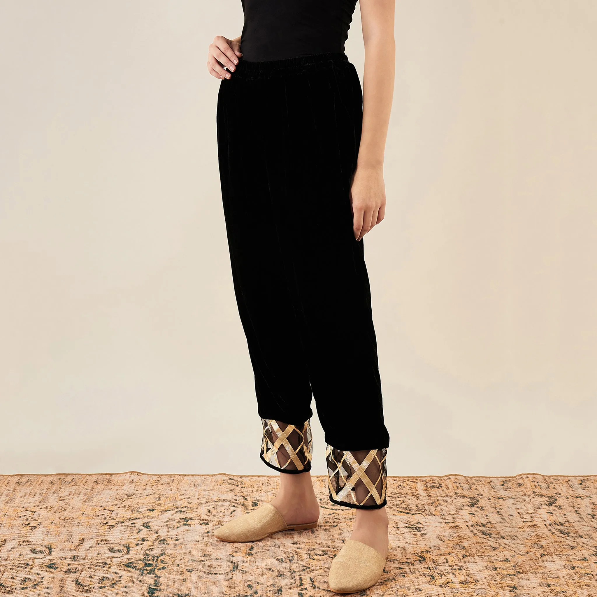 Black Silk Velvet Straight Pants with Gota Lace Detail