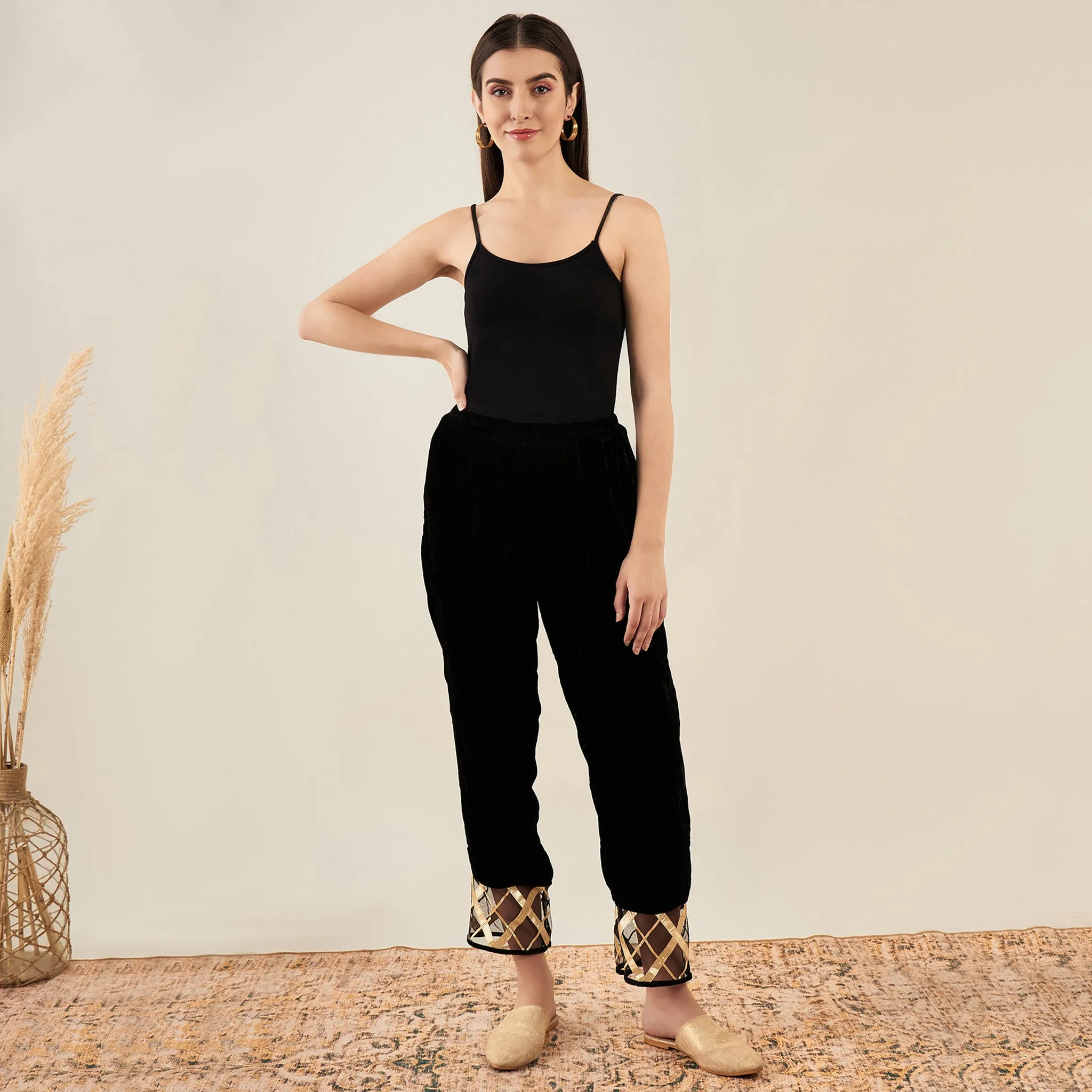 Black Silk Velvet Straight Pants with Gota Lace Detail