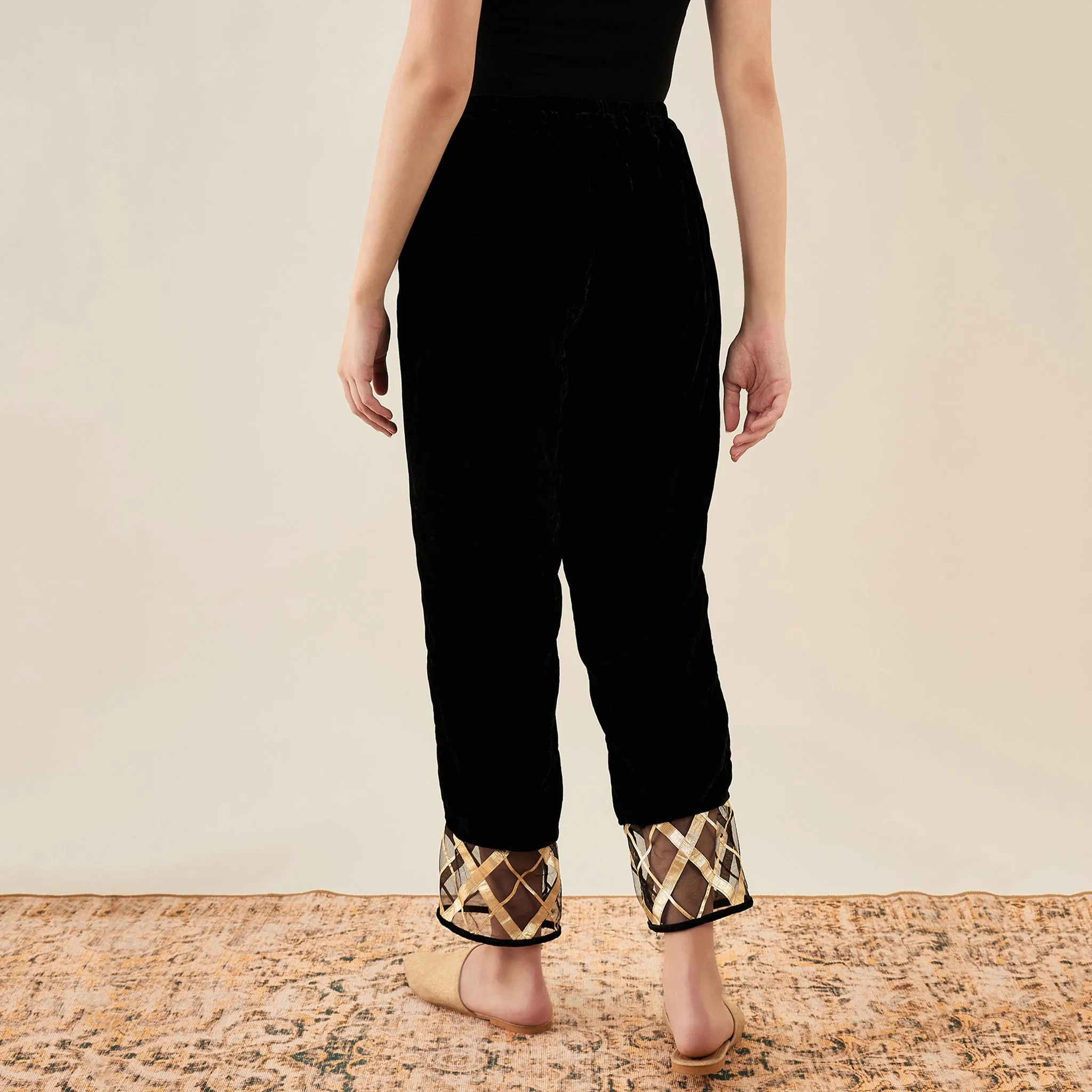Black Silk Velvet Straight Pants with Gota Lace Detail