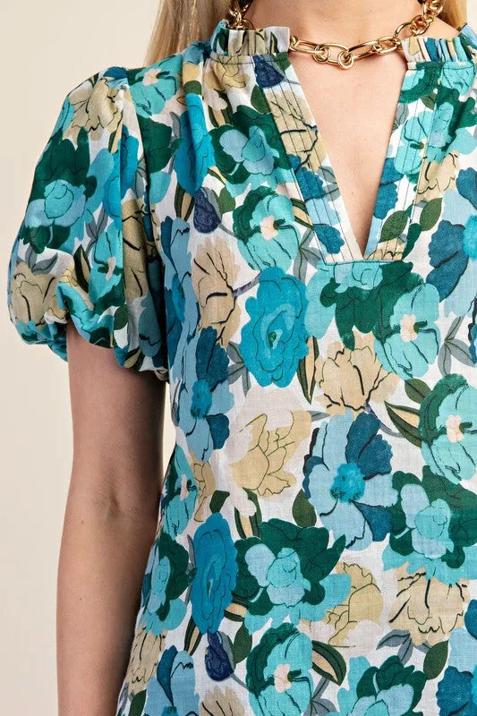 Blue Mix Vibrant Floral Print Split Neckline Blouse