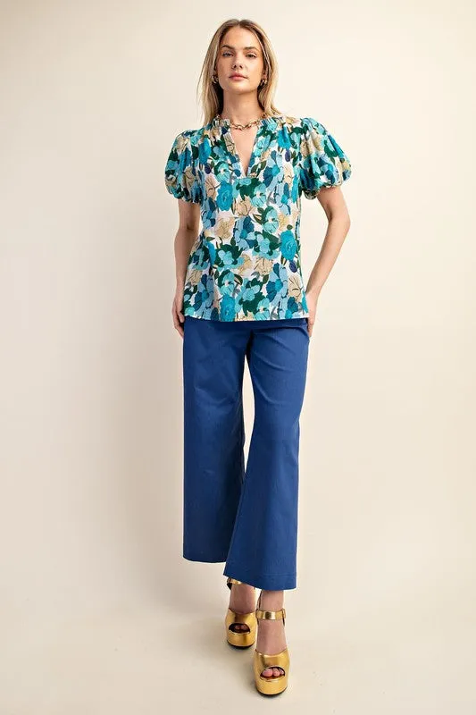 Blue Mix Vibrant Floral Print Split Neckline Blouse
