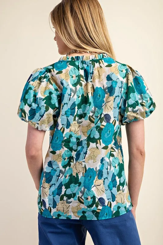 Blue Mix Vibrant Floral Print Split Neckline Blouse