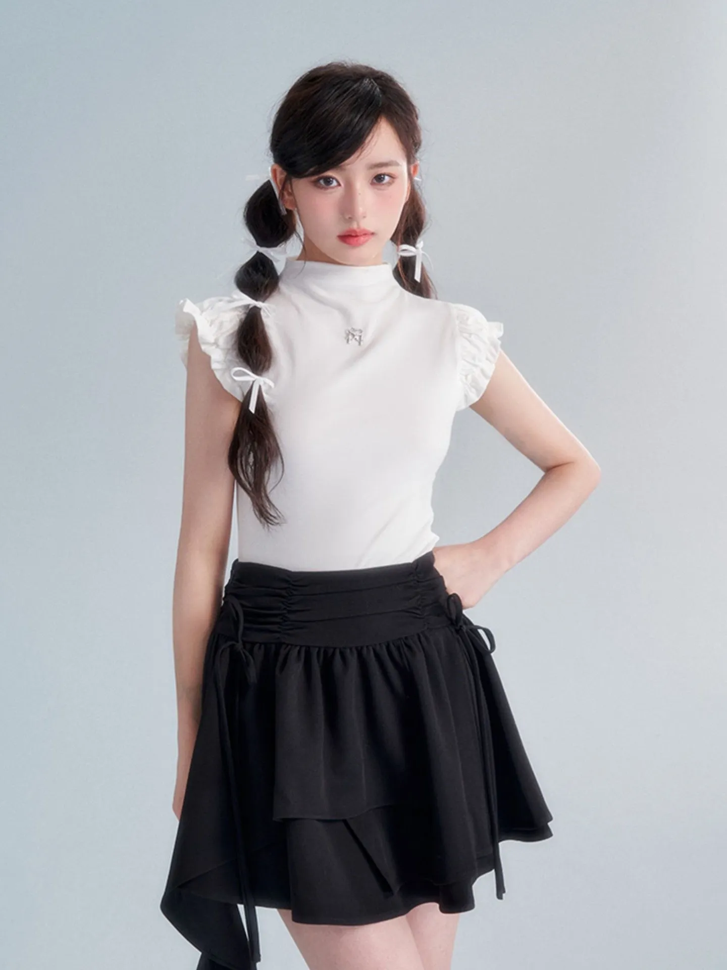 Bottle-neck Frill French-sleeve Classic Tops