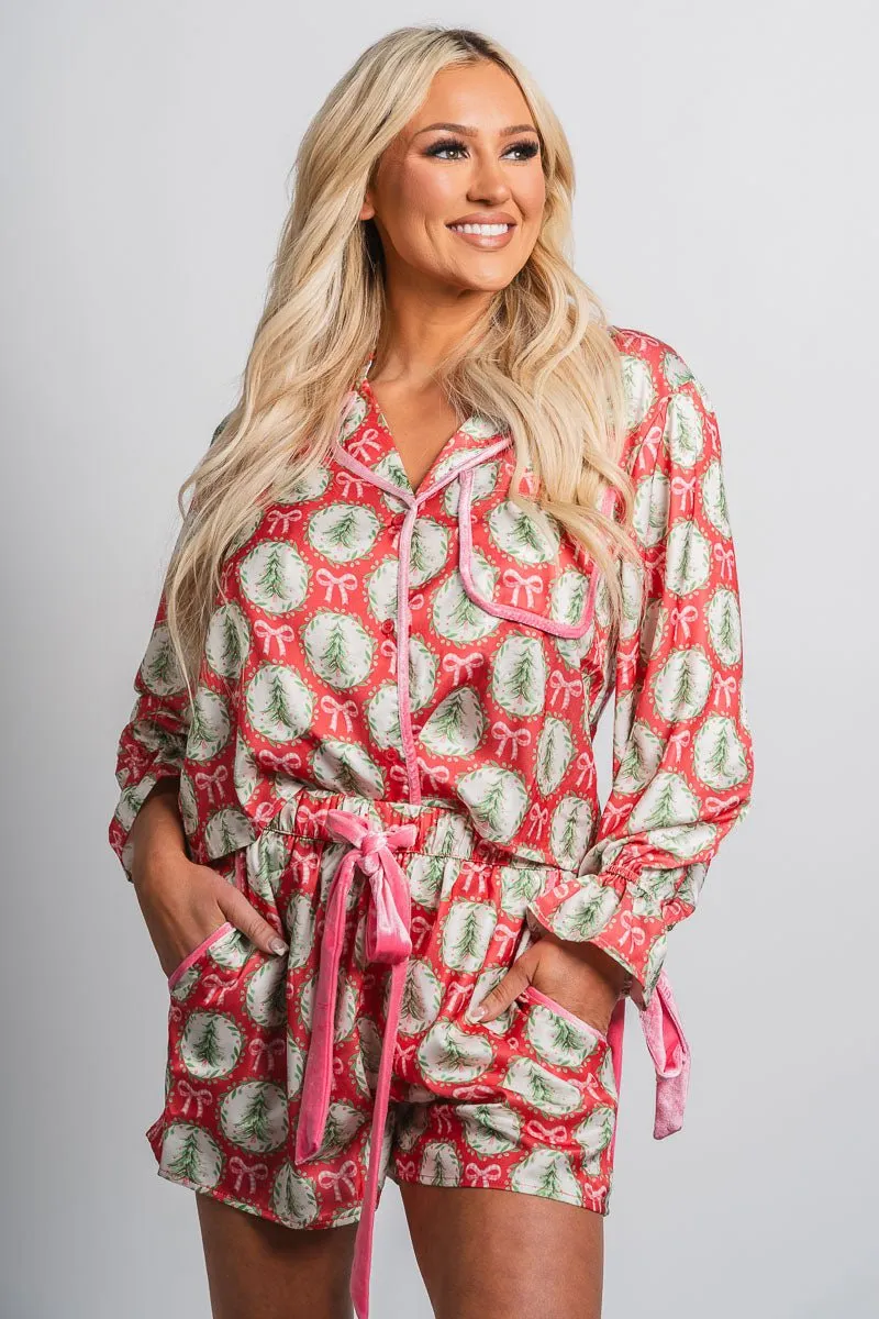 Christmas trees satin top red/pink
