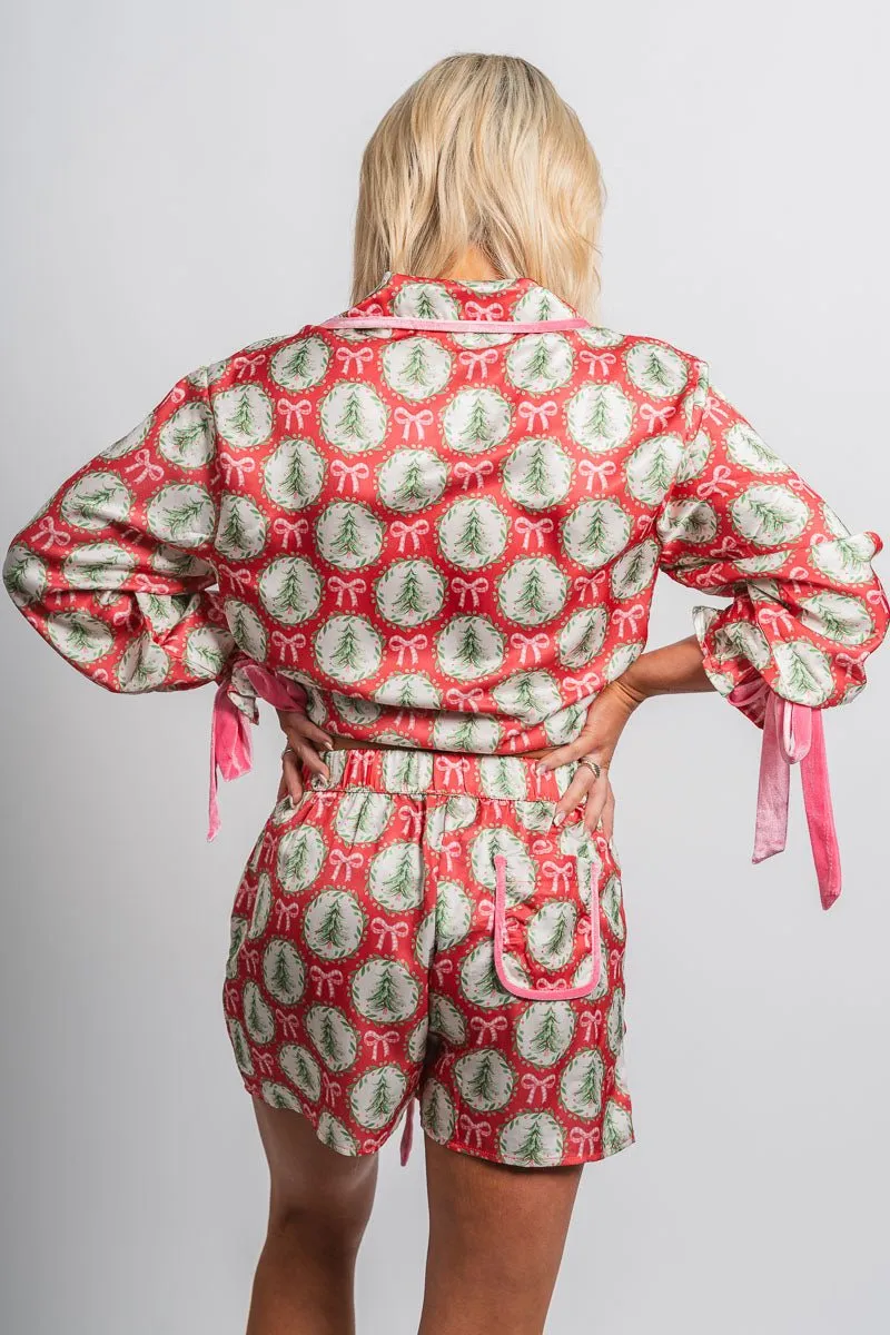 Christmas trees satin top red/pink