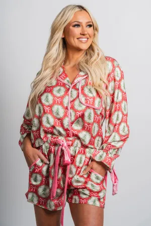 Christmas trees satin top red/pink