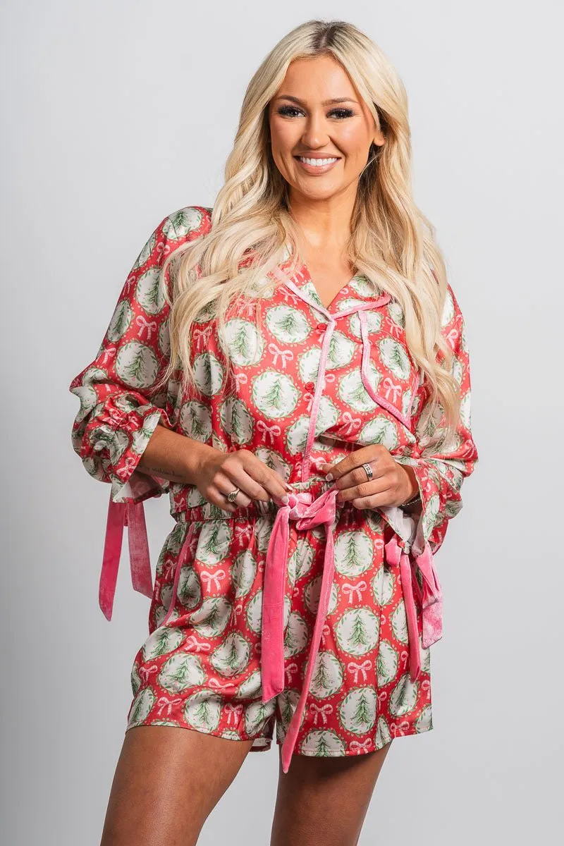 Christmas trees satin top red/pink