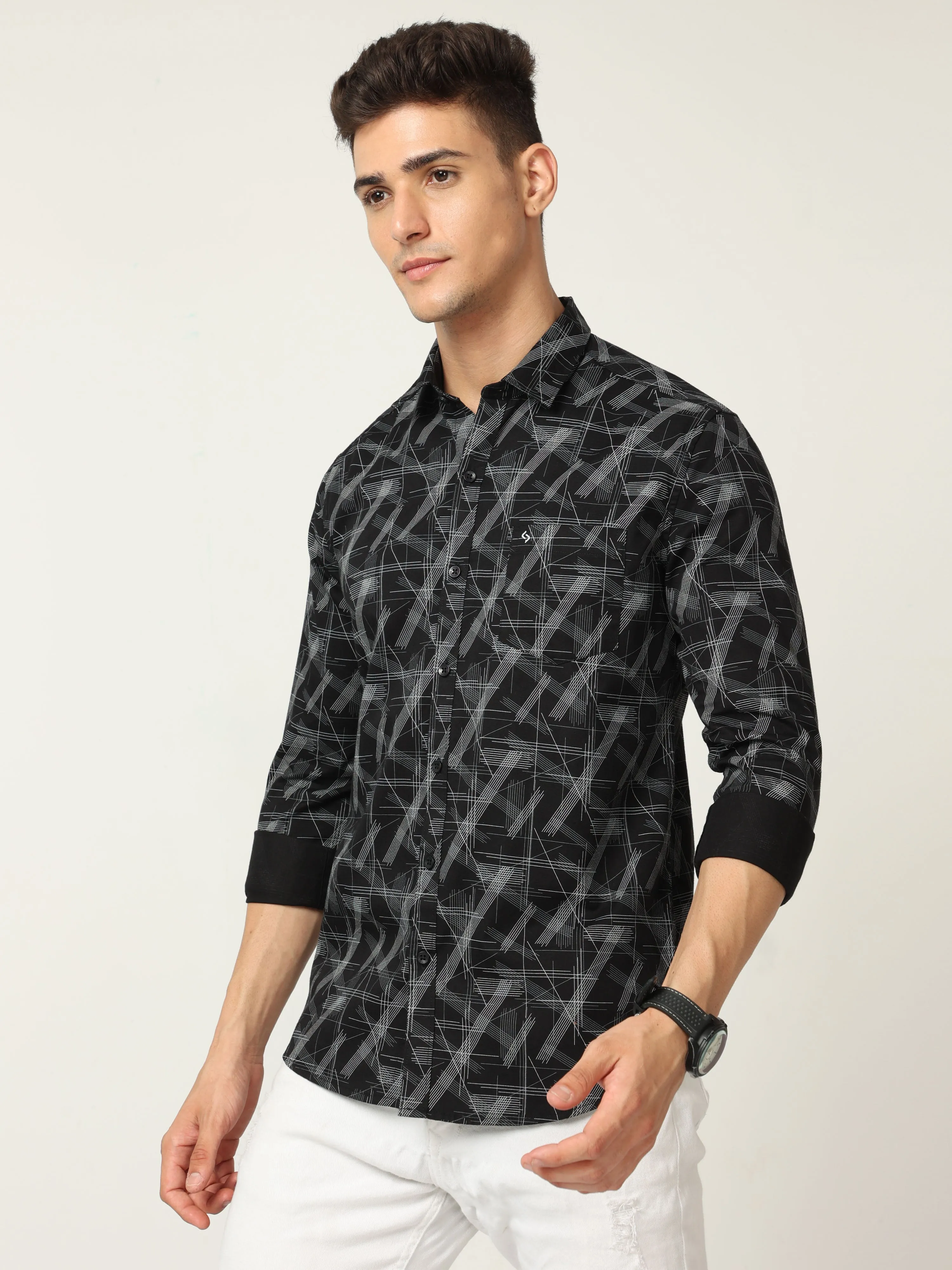 Classic Polo Men's Cotton Full Sleeve Printed Slim Fit Polo Neck Black Color Woven Shirt | So1-10 B
