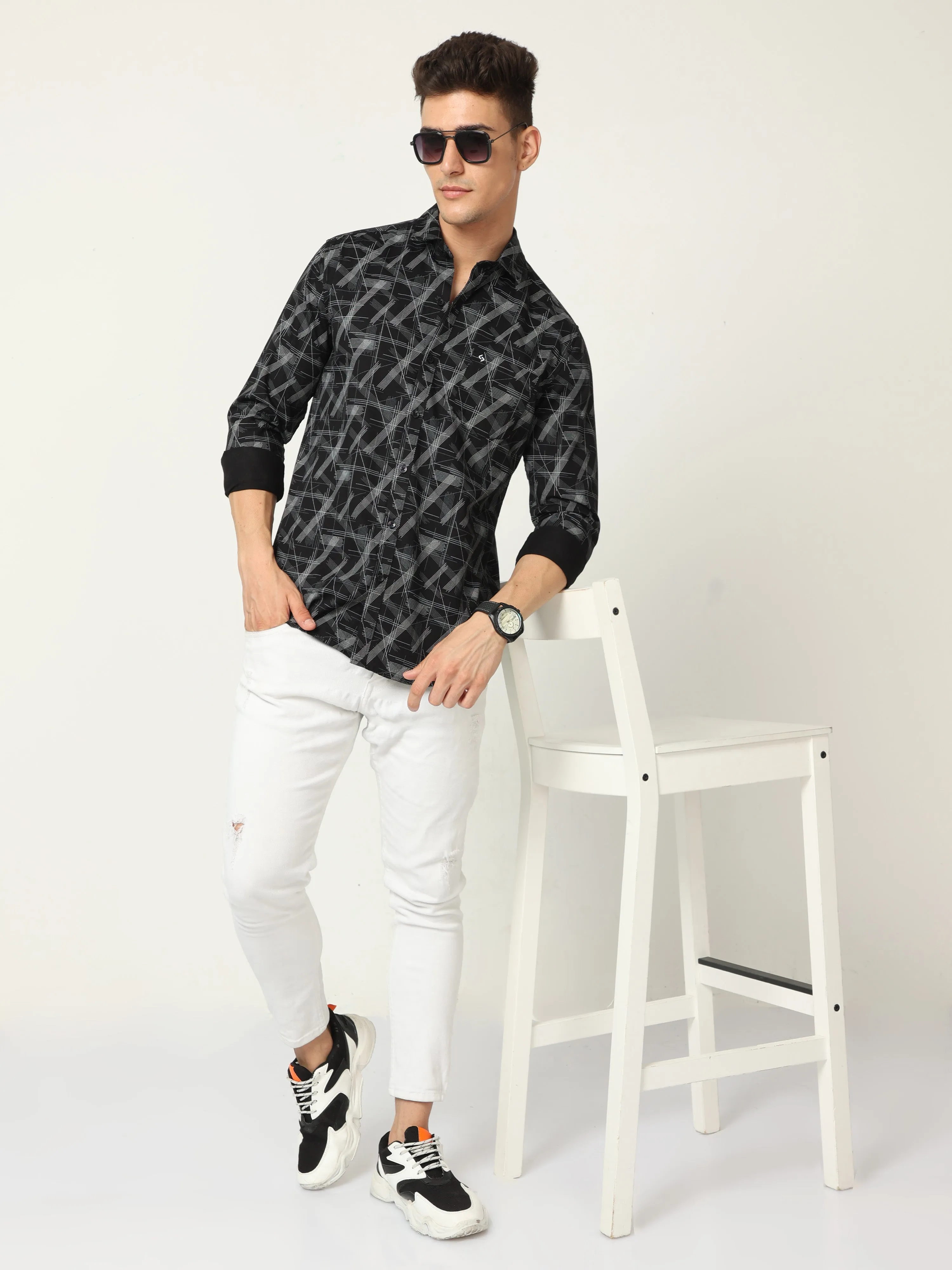 Classic Polo Men's Cotton Full Sleeve Printed Slim Fit Polo Neck Black Color Woven Shirt | So1-10 B