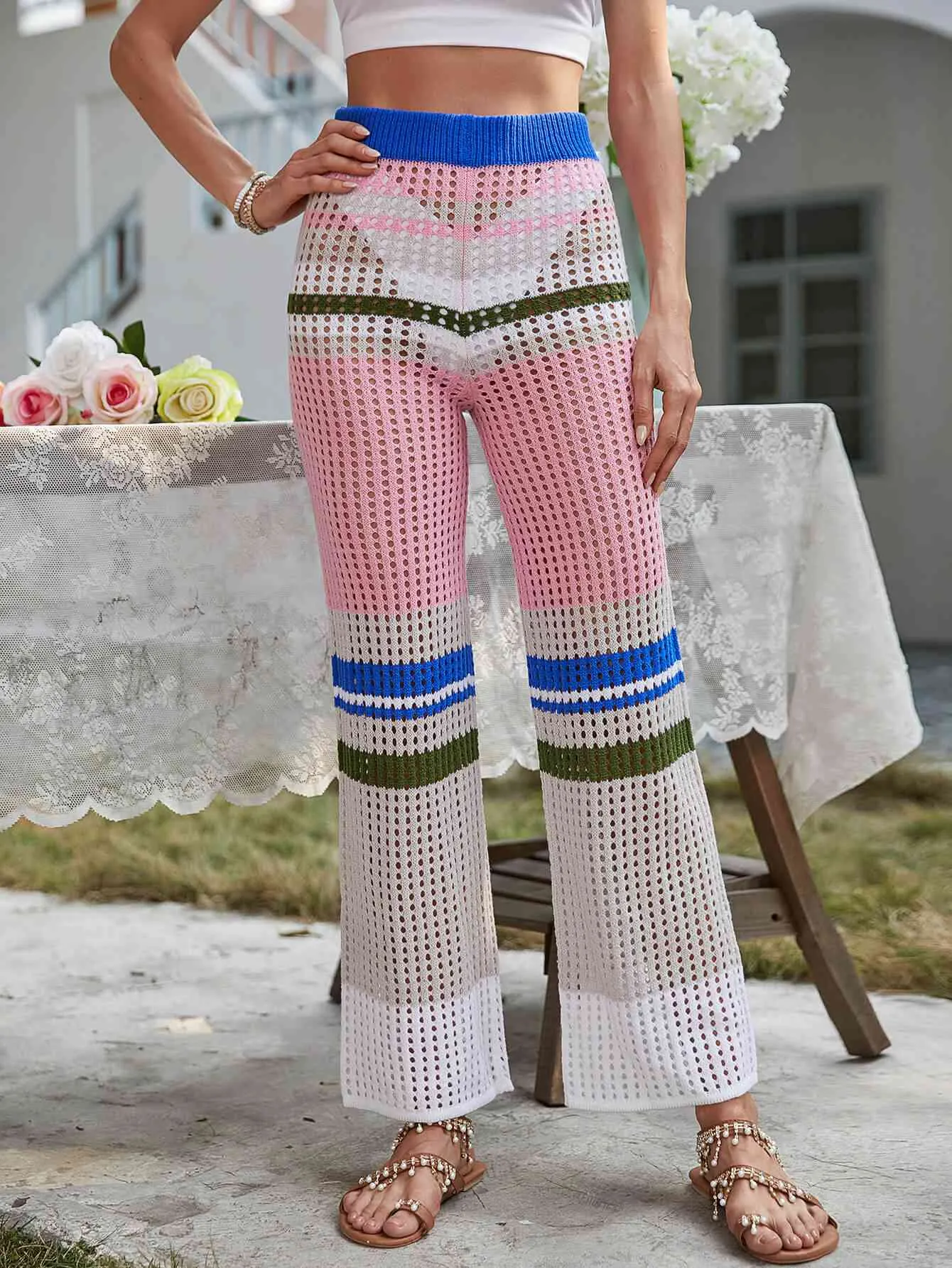 Color Block Openwork Knit Pants for Stylish Comfort