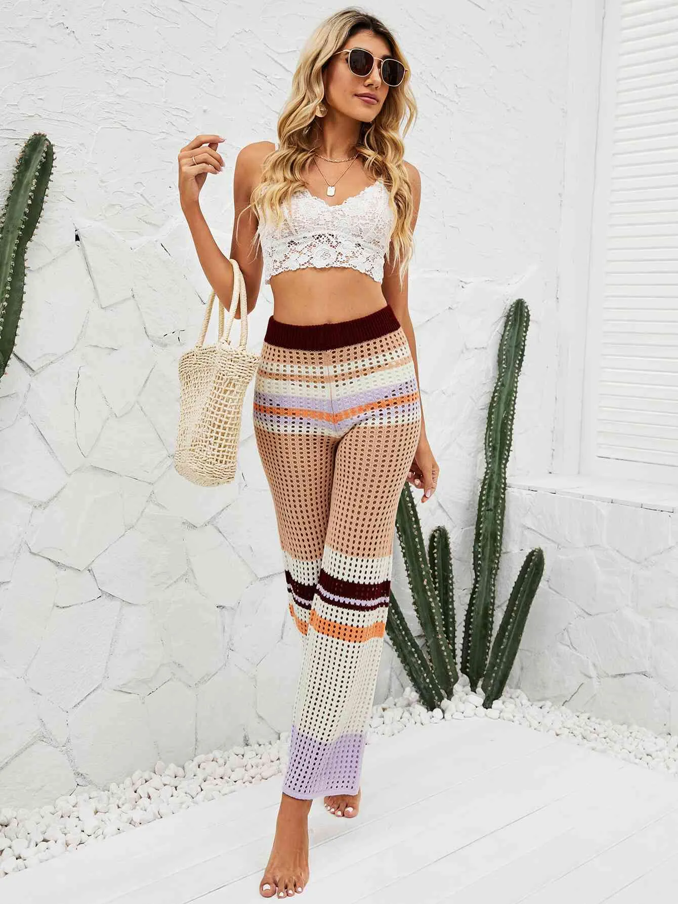 Color Block Openwork Knit Pants for Stylish Comfort