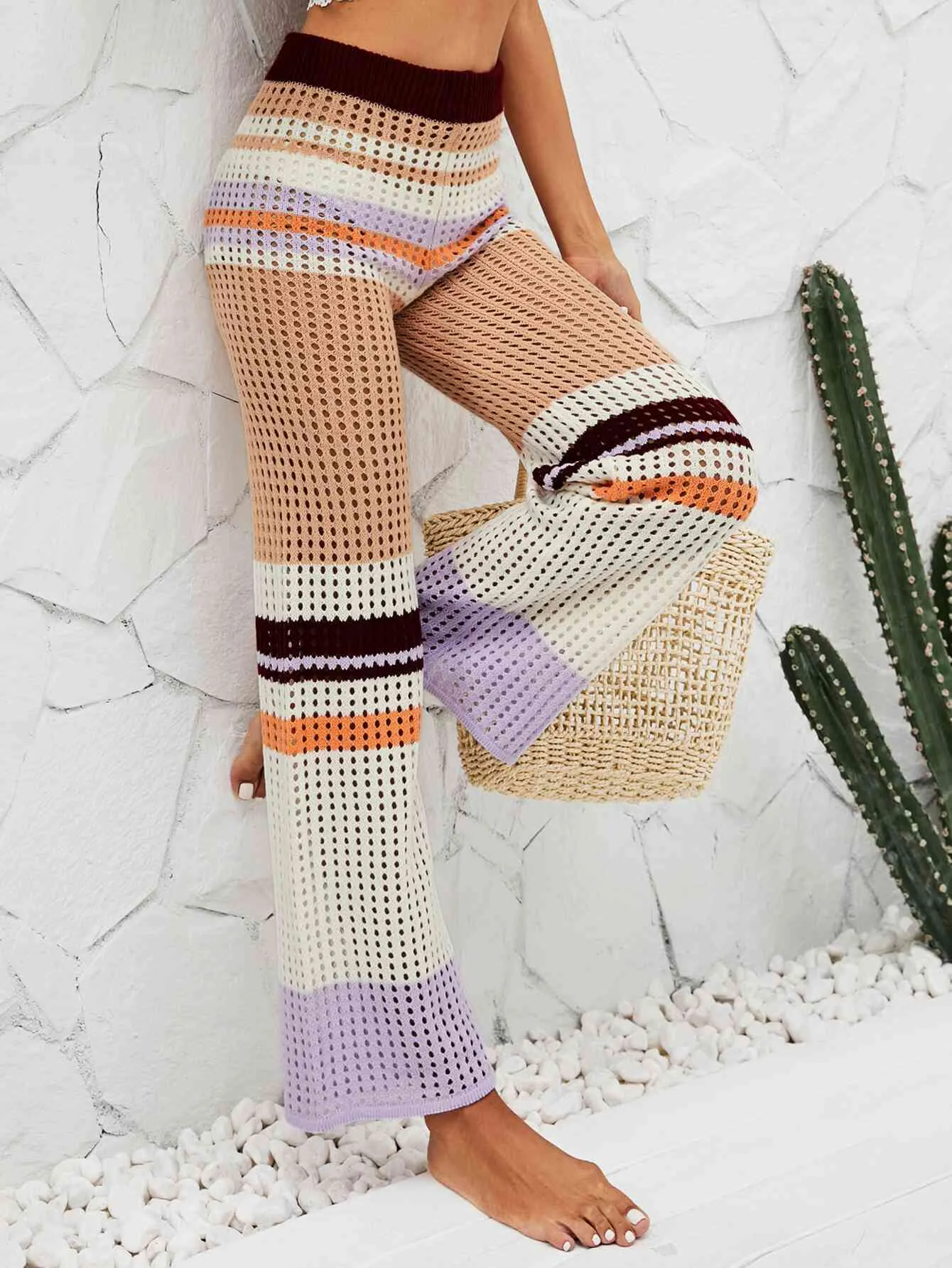 Color Block Openwork Knit Pants for Stylish Comfort