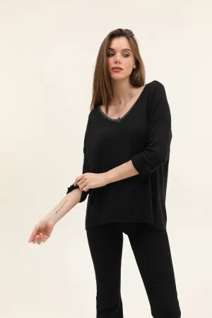 Cotton top with lurex collar