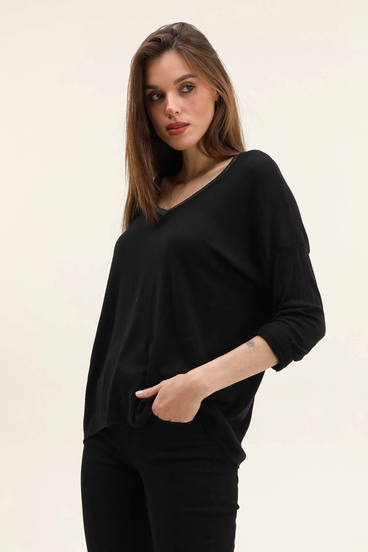 Cotton top with lurex collar