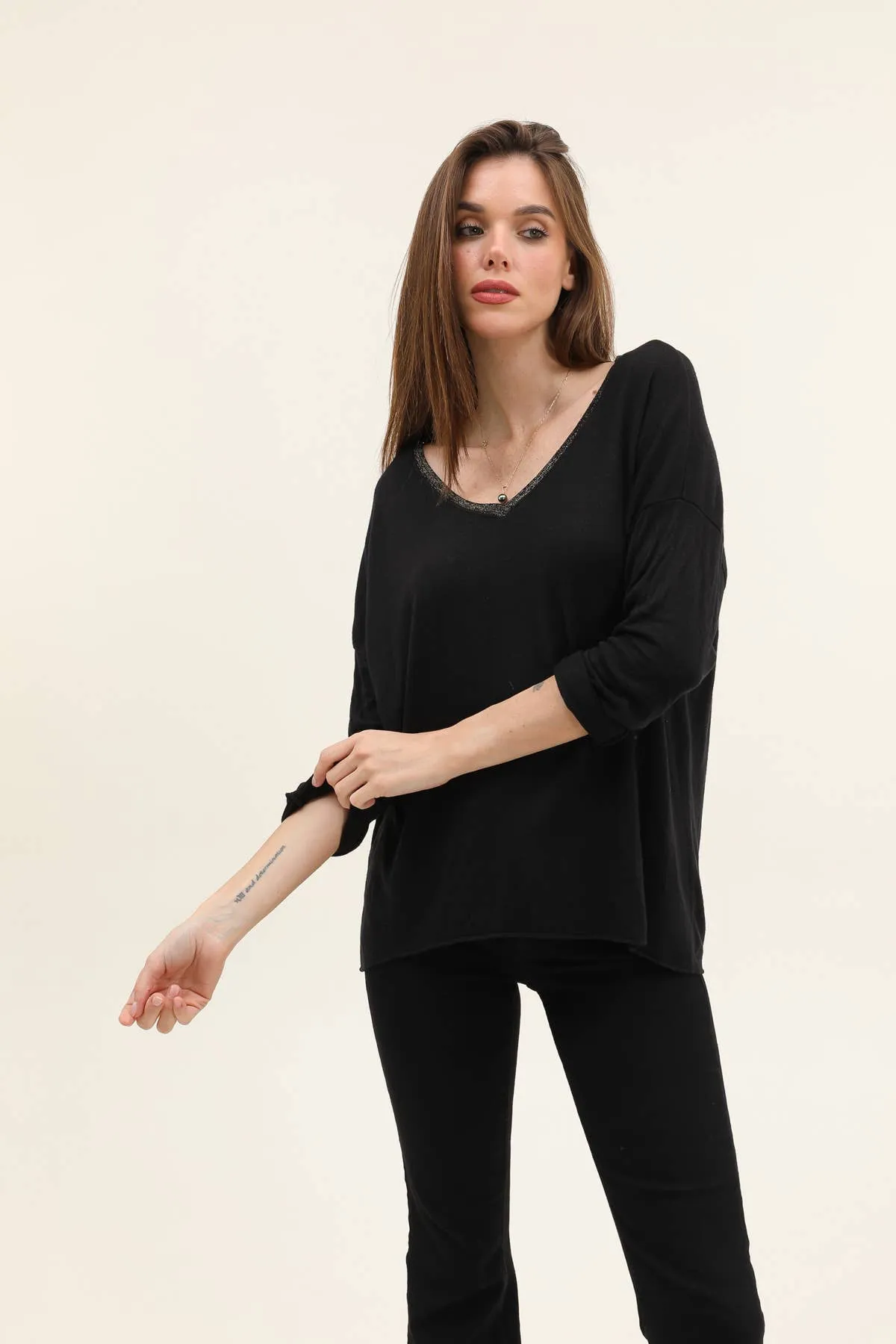 Cotton top with lurex collar