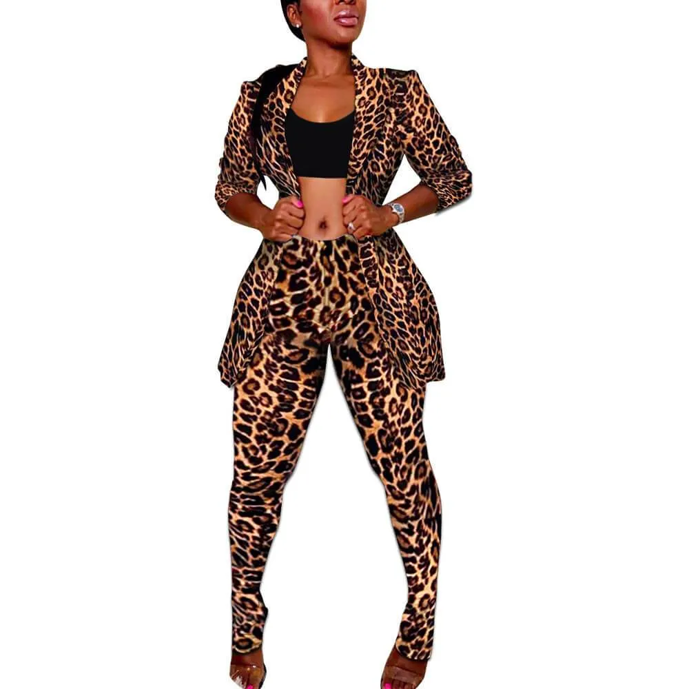 Deep V-neck T-shirts Print Skinny Pants Set