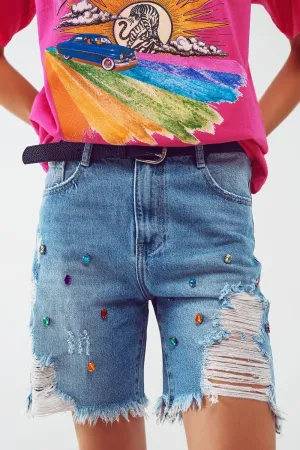 Distressed Embellished Bermuda Shorts In Light Wash