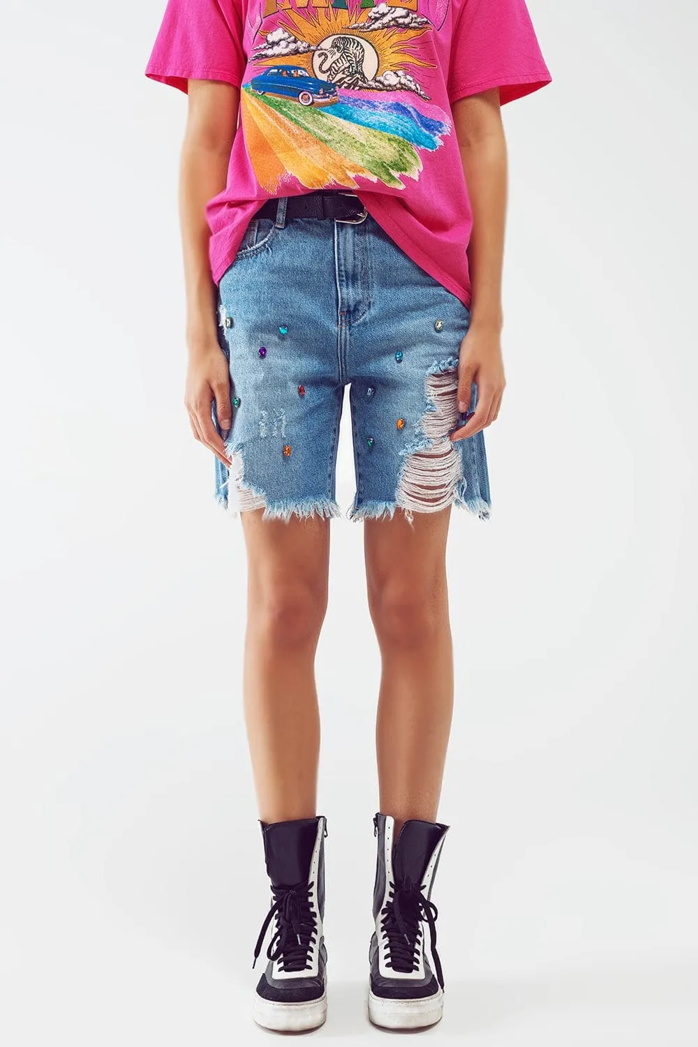 Distressed Embellished Bermuda Shorts In Light Wash