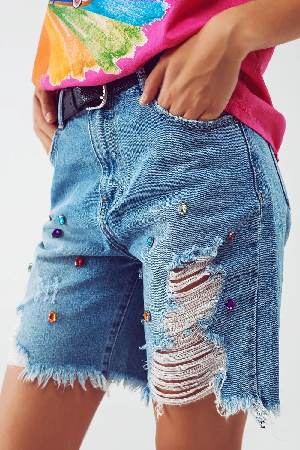 Distressed Embellished Bermuda Shorts In Light Wash