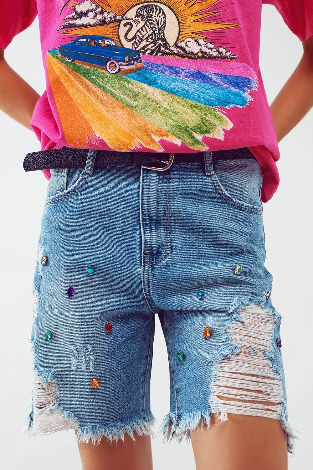 Distressed Embellished Bermuda Shorts In Light Wash