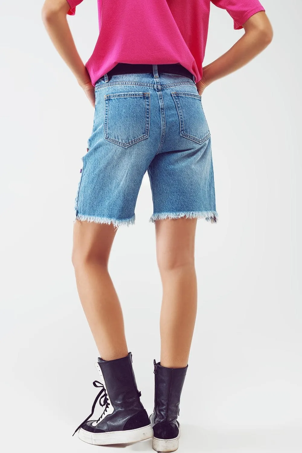 Distressed Embellished Bermuda Shorts In Light Wash