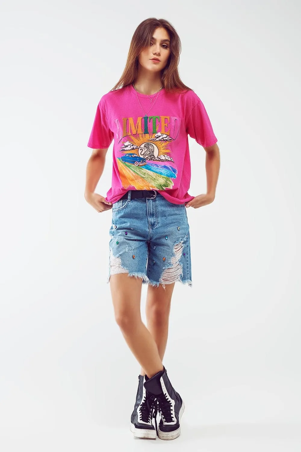 Distressed Embellished Bermuda Shorts In Light Wash