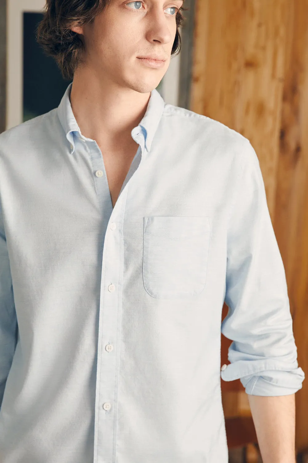 Faherty Short Sleeve Supima Oxford Shirt in Blue Heather