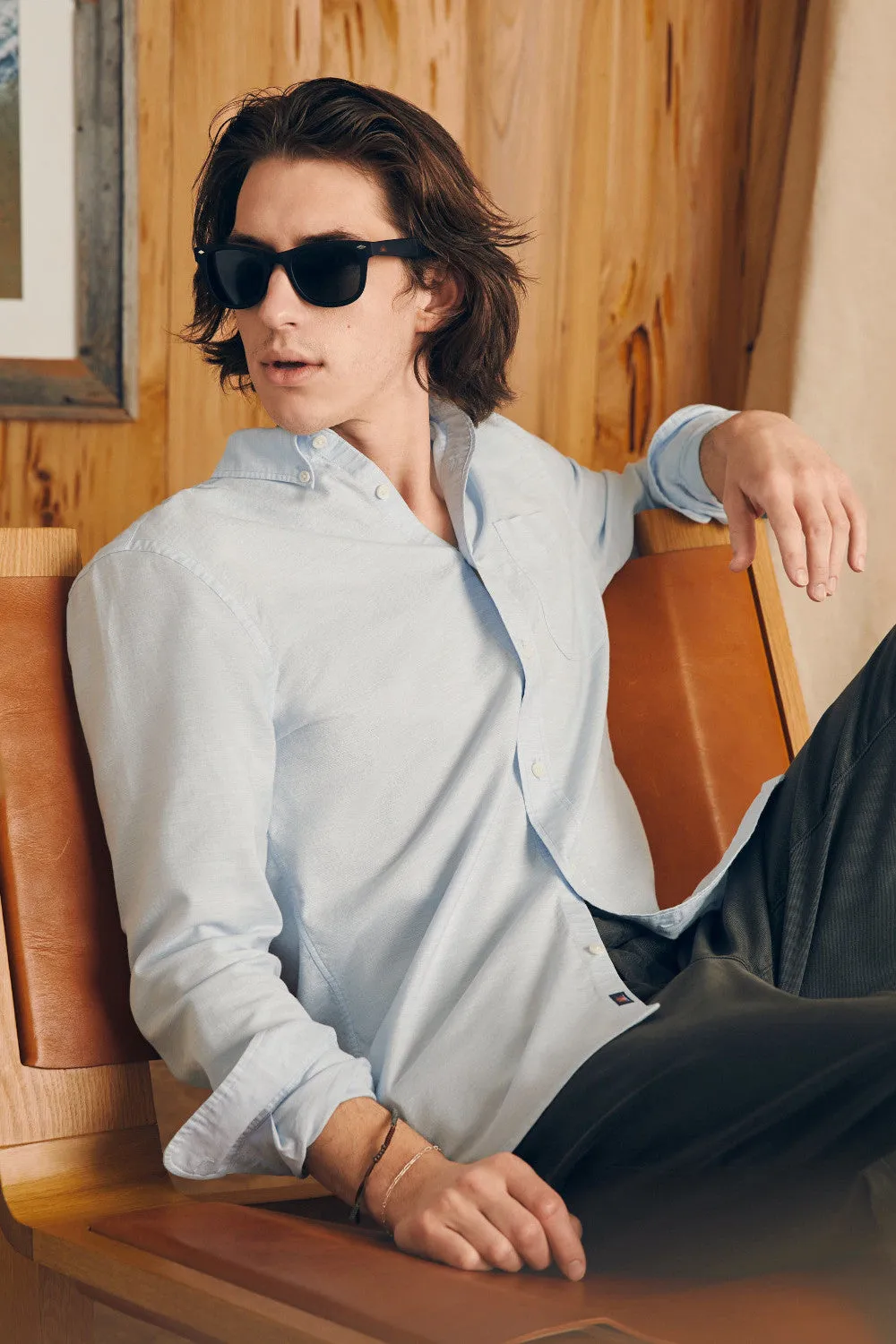 Faherty Short Sleeve Supima Oxford Shirt in Blue Heather