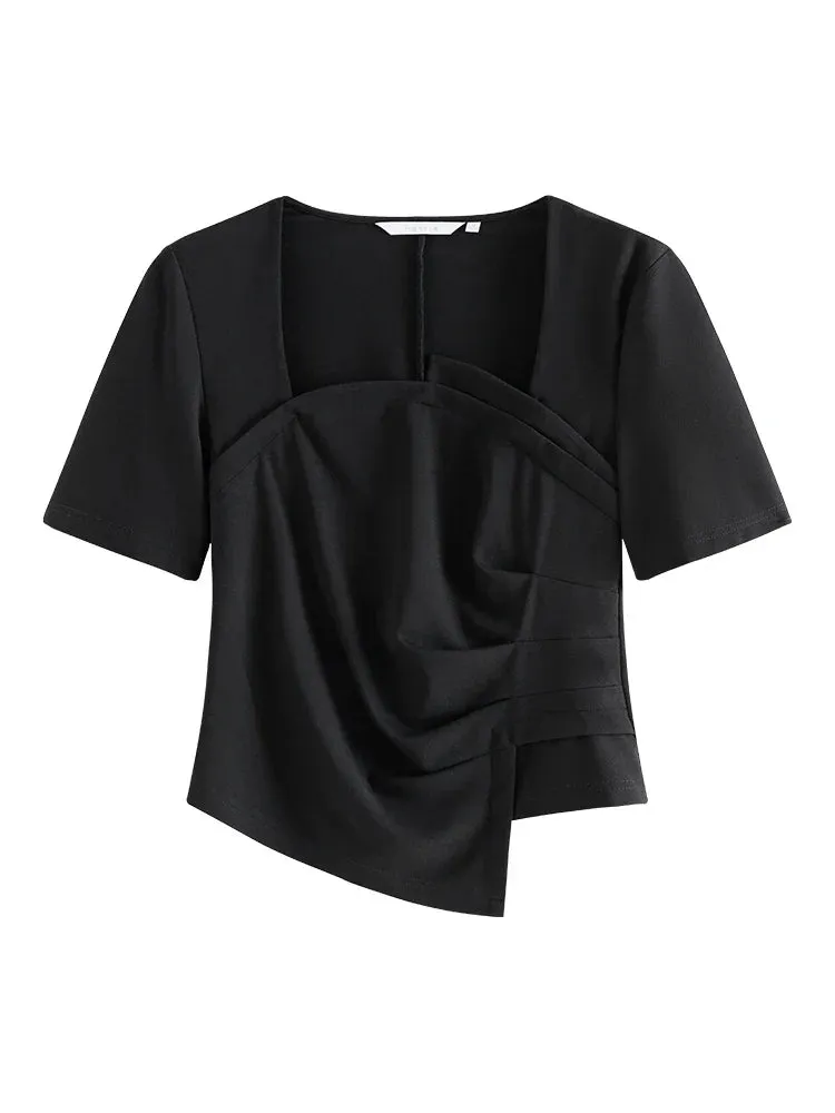 FashionSierra - Office Lady Black Knitted Short Sleeved Niche Design Black Women's 2024 New Summer Women T-shirt